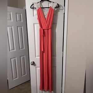 EUC Pinkblush Maxi Dress, Lace Back, Peach/Coral, Medium